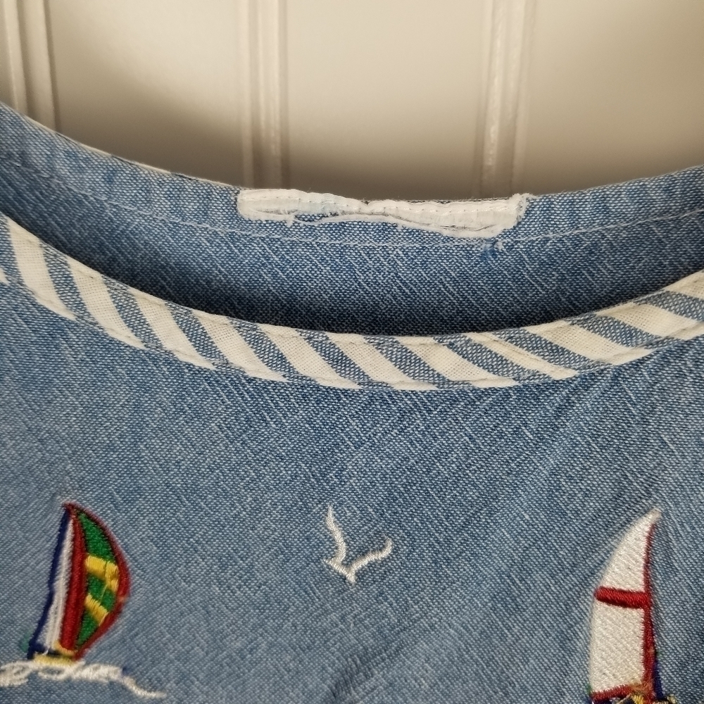 Striped Sailboat Embroidered Short Sleeve Light Denim Dress Summer Nautical S/XS - Picture 12 of 14